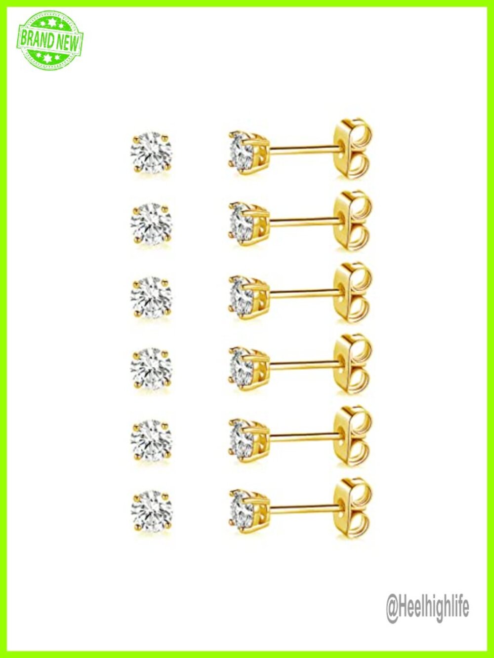 18K Yellow Gold Plated Cubic Zirconia Stud Earrings Hypoallergenic 3mm Set
